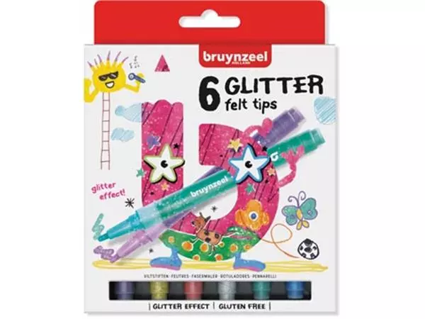 Een Bruynzeel Kids viltstiften Glitter, set van 6 stuks in geassorteerde kleuren koop je bij ShopXPress