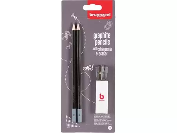 Een Bruynzeel potlood HB, blister van 2 stuks, met slijper en gom koop je bij ShopXPress