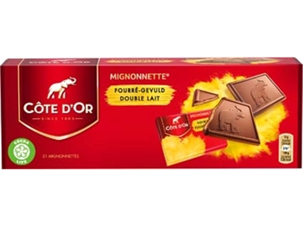 Een Côte d'Or Mignonnettes chocolade, praliné, 10 g, doos van 21 stuks, apart verpakt koop je bij ShopXPress