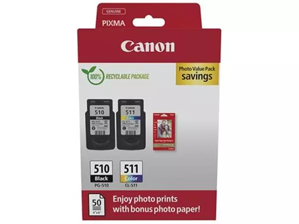 Een Canon inktcartridge PG-510 en CL-511, 220 pagina's, OEM 2970B017, 4 kleuren koop je bij ShopXPress