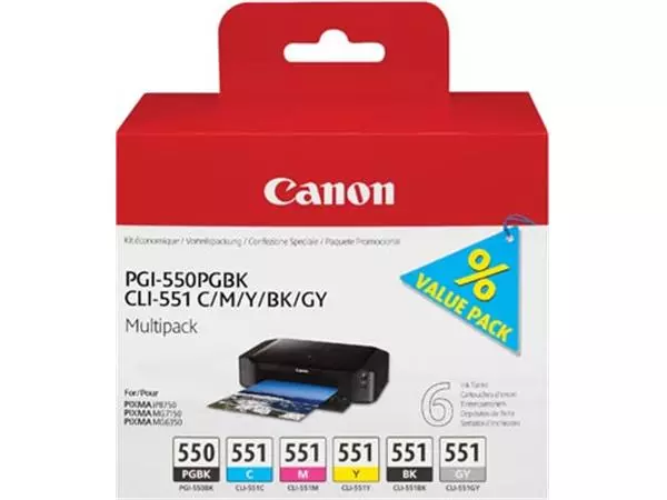 Een Canon inktcartridge PGI-550PGBK+CLI-551, OEM 6496B005, zwart, pigment zwart, cyaan, magenta, geel, grijs koop je bij ShopXPress