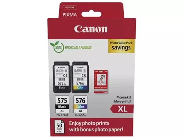 Een Canon photo value pack 1 x PG-575XL + 1 x CL-576XL, 300 - 400 pagina's, OEM 5437C006, 4 kleuren koop je bij ShopXPress