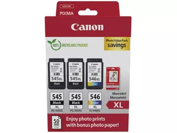 Een Canon photo value pack 2 x PG-545XL + 1 x CL-546XL, 300 - 400 pagina's, OEM 8286B015, 4 kleuren koop je bij ShopXPress