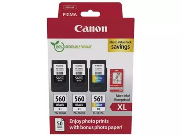 Een Canon photo value pack 2 x PG-560XL + 1 x CL-561XL, 300 - 400 pagina's, OEM 3712C012, 4 kleuren koop je bij ShopXPress