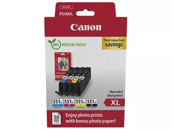 Een Canon photo value pack CLI-551XL, 660 pagina's, OEM 6443B008, 4 kleuren koop je bij ShopXPress