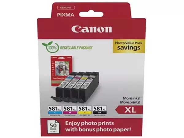 Een Canon photo value pack CLI-581 XL, 170 - 520 foto's, OEM 2052C006, 4 kleuren koop je bij ShopXPress