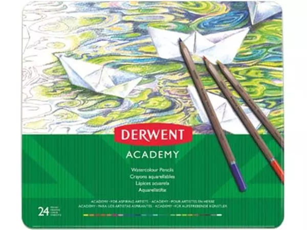 Een Derwent aquarelpotlood Academy , blik van 24 stuks in geassorteerde kleuren koop je bij ShopXPress