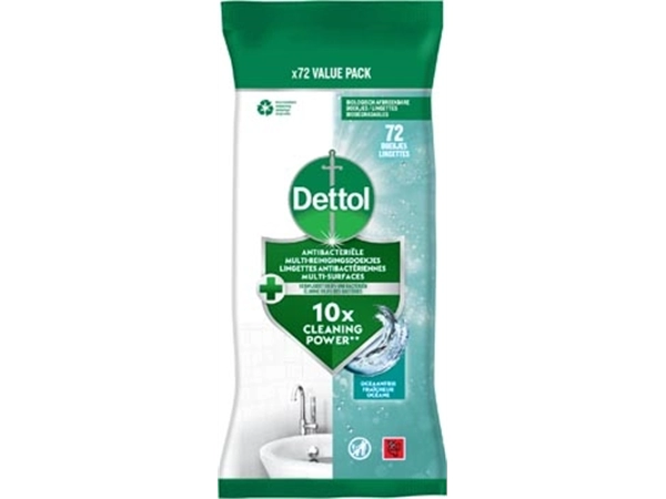 Een Dettol reiningsdoekjes antibacterieel, oceaanfris, pak van 72 stuks koop je bij Supplierz BV