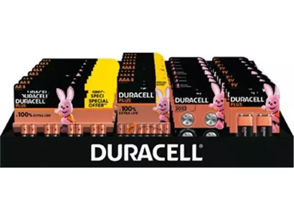 Een Duracell batterijen, Plus 100 % AA, AAA en 9V en CR2032, display van 41 stuks koop je bij ShopXPress