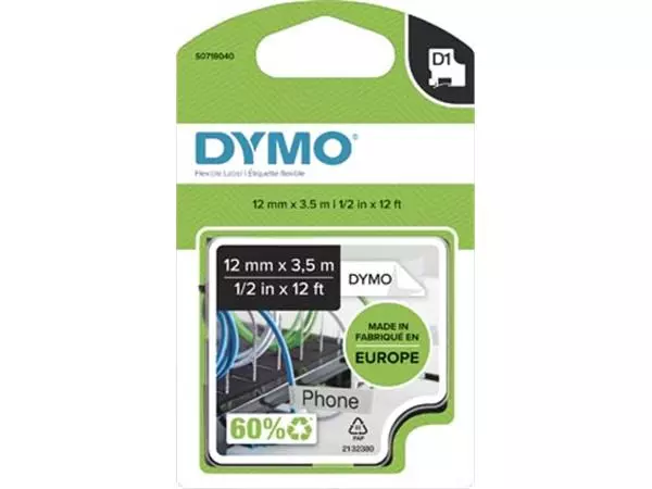 Een Dymo D1 flexibele nylontape 12 mm, zwart op wit koop je bij ShopXPress
