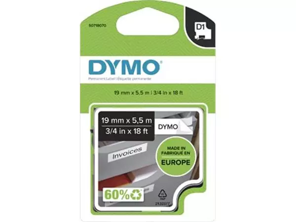 Een Dymo D1 permanente polyestertape 19 mm, zwart op wit koop je bij ShopXPress