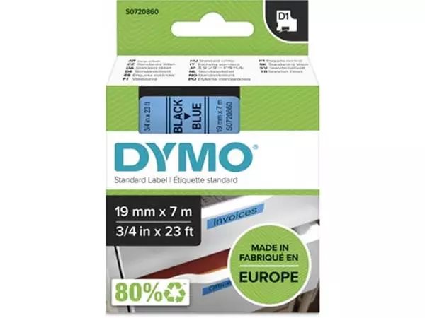 Een Dymo D1 tape 19 mm, zwart op blauw koop je bij ShopXPress