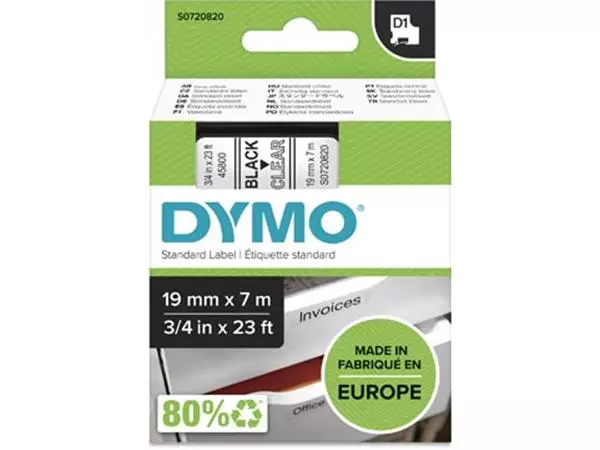 Een Dymo D1 tape 19 mm, zwart op transparant koop je bij ShopXPress