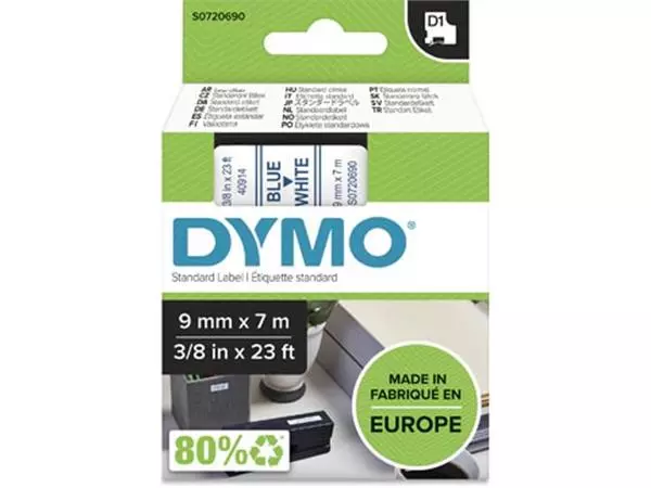 Een Dymo D1 tape 9 mm, blauw op wit koop je bij ShopXPress