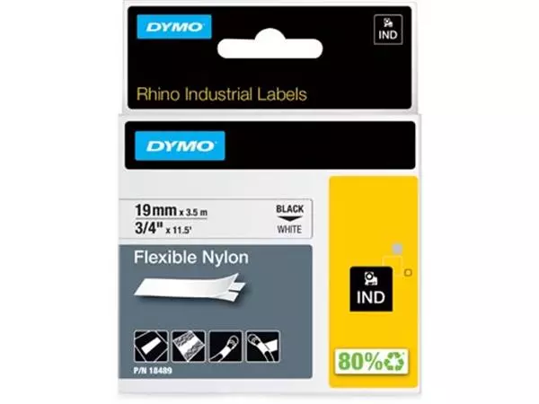 Een Dymo RHINO flexibele nylontape 19 mm, zwart op wit koop je bij ShopXPress