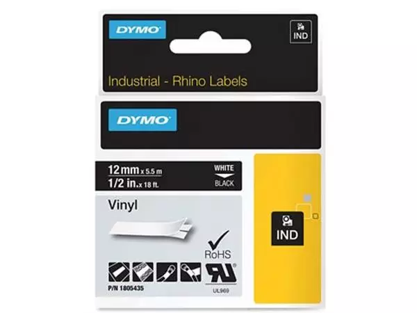 Een Dymo RHINO vinyltape 12 mm, wit op zwart koop je bij ShopXPress