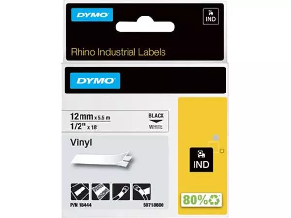 Een Dymo RHINO vinyltape 12 mm, zwart op wit koop je bij ShopXPress