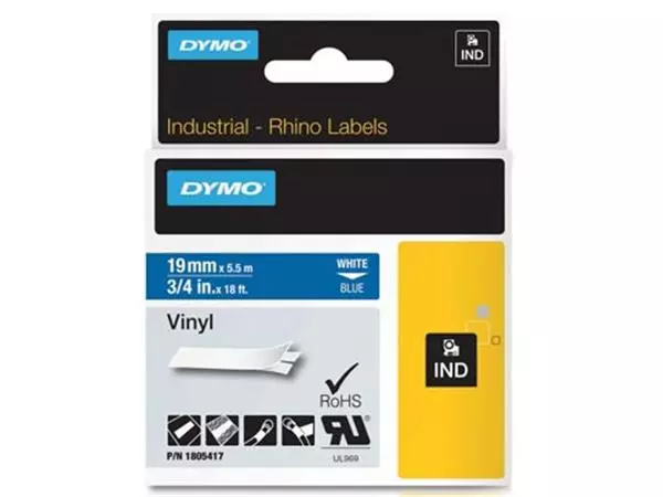 Een Dymo RHINO vinyltape 19 mm, wit op blauw koop je bij ShopXPress