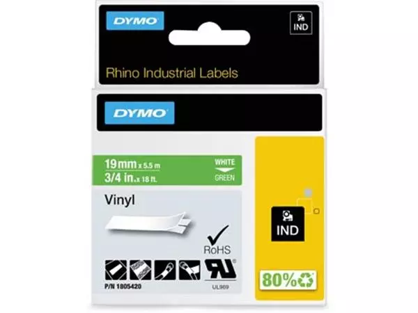 Een Dymo RHINO vinyltape 19 mm, wit op groen koop je bij ShopXPress