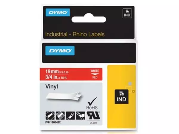 Een Dymo RHINO vinyltape 19 mm, wit op rood koop je bij ShopXPress