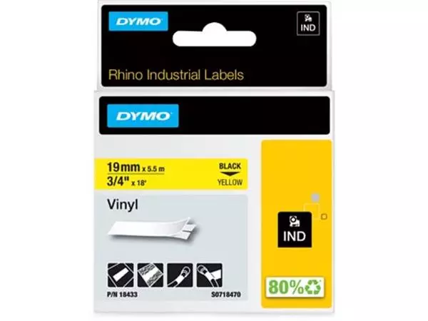 Een Dymo RHINO vinyltape 19 mm x 5,5 m, zwart op geel koop je bij ShopXPress