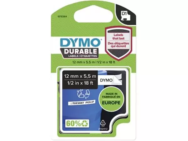 Een Dymo duurzame D1 tape 12 mm x 5 m, zwart op wit koop je bij ShopXPress