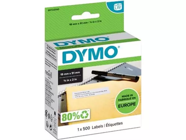 Een Dymo etiketten LabelWriter ft 19 x 51 mm, verwijderbaar, wit, 500 etiketten koop je bij ShopXPress