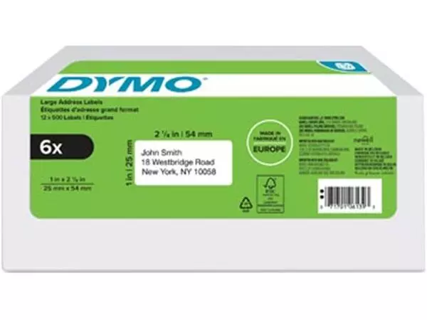 Een Dymo etiketten LabelWriter ft 25 x 54 mm, wit, doos van 6 x 500 etiketten koop je bij ShopXPress