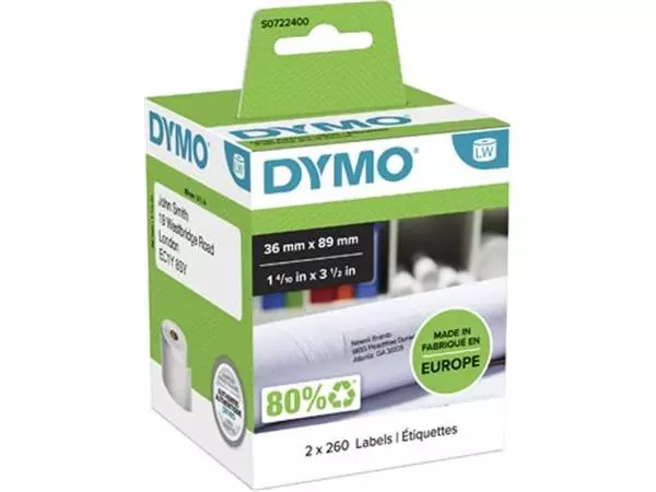 Een Dymo etiketten LabelWriter ft 89 x 36 mm, wit, 2 x 260 etiketten koop je bij ShopXPress