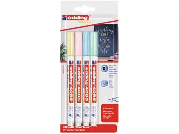 Een Edding Krijtmarker e-4085, ronde punt van 1 - 2 mm, blister van 4 pastel kleuren koop je bij ShopXPress