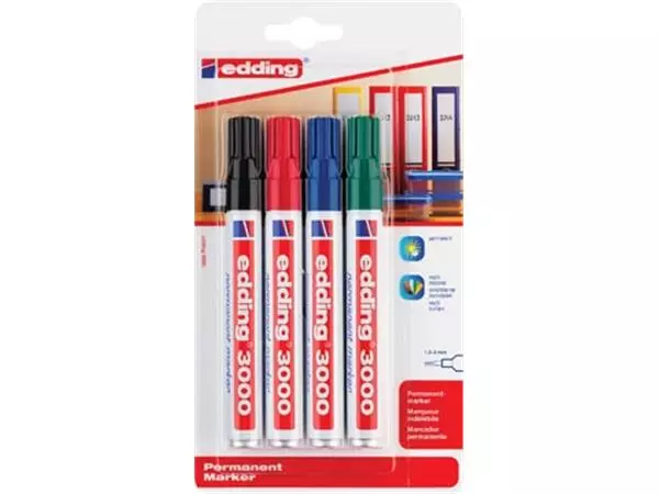 Een Edding permanent marker 3000, blister van 4 stuks in geassorteerde kleuren koop je bij ShopXPress