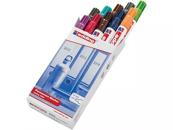 Een Edding permanent marker 3000, doos met 10 stuks in geassorteerde kleuren koop je bij ShopXPress