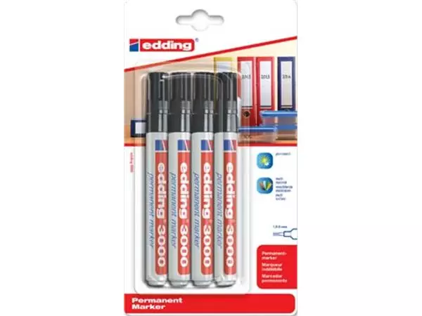 Een Edding permanent marker 3000 zwart, blister met 4 stuks koop je bij ShopXPress