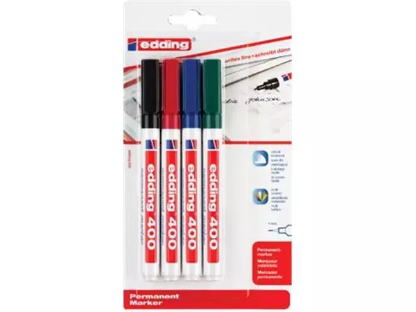 Een Edding permanent marker 400 blister van 4 stuks in geassorteerde kleuren koop je bij ShopXPress