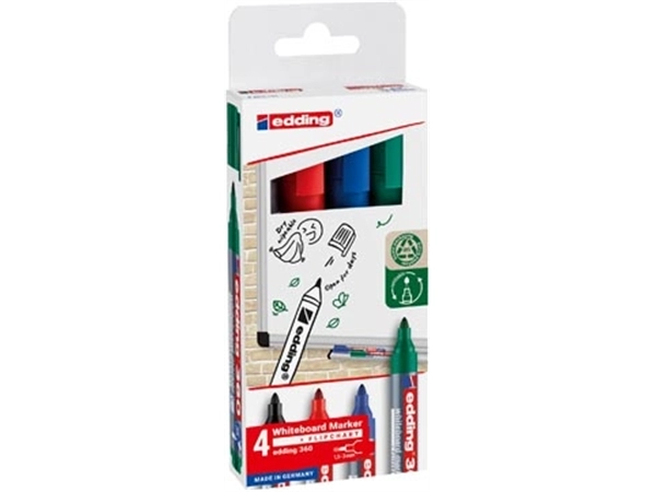 Een Edding whiteboard marker 360, geassorteerde kleuren, blister van 4 stuks koop je bij Supplierz BV