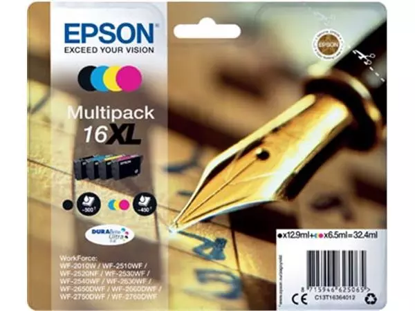 Een Epson inktcartridge 16XL, 450-500 pagina's, OEM C13T16364012, 4 kleuren koop je bij ShopXPress