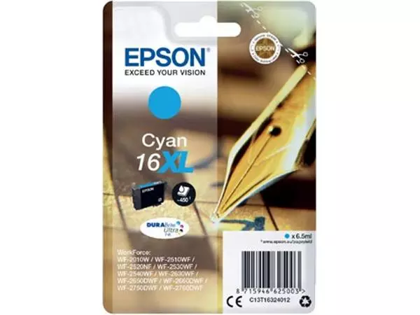 Een Epson inktcartridge 16XL, 450 pagina's, OEM C13T16324012, cyaan koop je bij ShopXPress