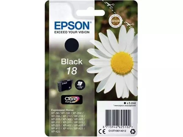 Een Epson inktcartridge 18, 175 pagina's, OEM C13T18014012, zwart koop je bij ShopXPress