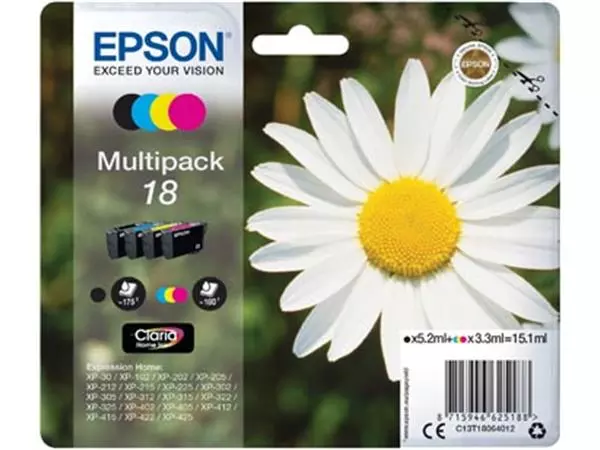 Een Epson inktcartridge 18, 175 pagina's, OEM C13T18064012, 4 kleuren koop je bij ShopXPress