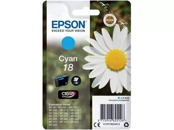 Een Epson inktcartridge 18, 180 pagina's, OEM C13T18024012, cyaan koop je bij ShopXPress