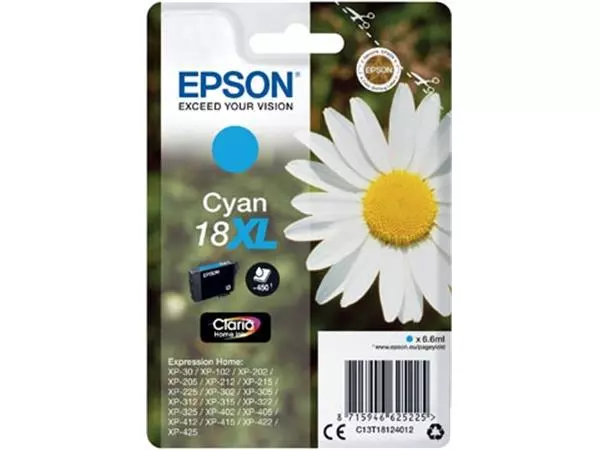 Een Epson inktcartridge 18XL, 450 pagina's, OEM C13T18124012, cyaan koop je bij ShopXPress