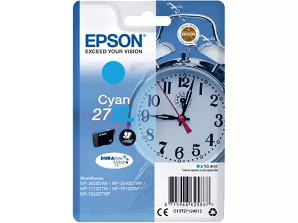 Een Epson inktcartridge 27XL, 1.100 pagina's, OEM C13T27124012, cyaan koop je bij ShopXPress