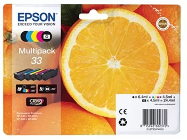 Een Epson inktcartridge 33, 200 - 300 pagina's, OEM C13T33374011, 5 kleuren koop je bij ShopXPress