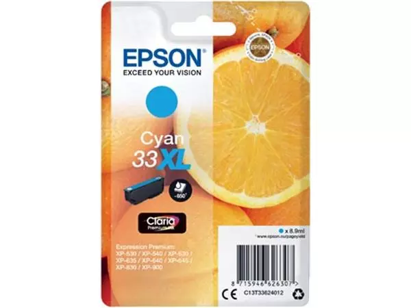 Een Epson inktcartridge 33XL, 650 pagina's, OEM C13T33624012, cyaan koop je bij ShopXPress