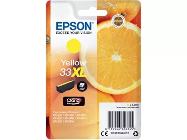 Een Epson inktcartridge 33XL, 650 pagina's, OEM C13T33644012, geel koop je bij ShopXPress