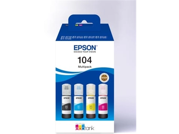 Een Epson inktfles 104, 4.500 - 7.500 pagina's, OEM C13T00P640, 4 kleuren koop je bij Supplierz BV