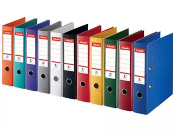 Een Esselte ordner,Power N°1 geassorteerde kleuren: 2 x rood, groen, blauw, wit en zwart, rug van 5 cm koop je bij ShopXPress