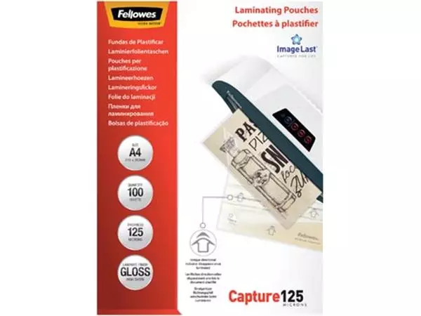 Een Fellowes ImageLast lamineerhoes Capture125 ft A4, 250 micron (2 x 125 micron), pak van 100 stuks koop je bij ShopXPress