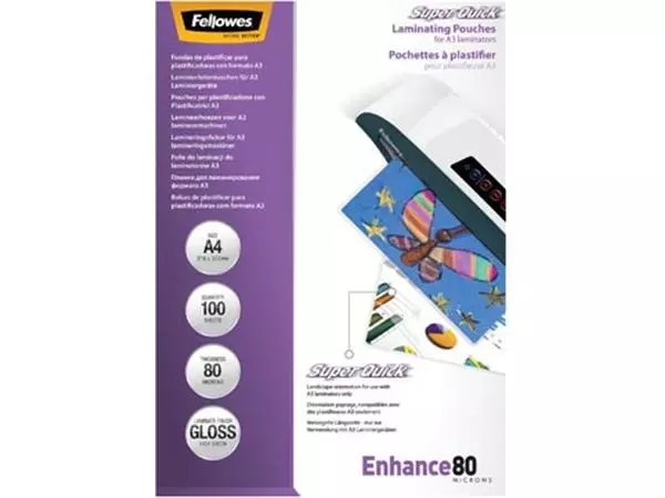 Een Fellowes Super Quick lamineerhoes Enhance80 ft A4, 160 micron (2 x 80 micron), pak van 100 stuks koop je bij ShopXPress