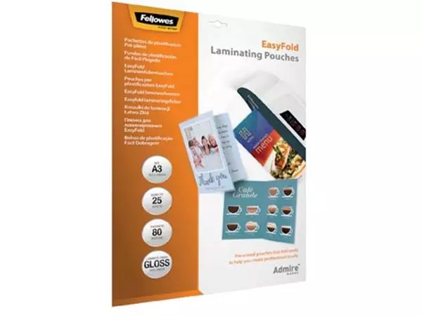 Een Fellowes lamineerhoes Admire Easyfold Enhance80 ft A3, 160 micron (2 x 80 micron), pak van 25 stuks koop je bij ShopXPress